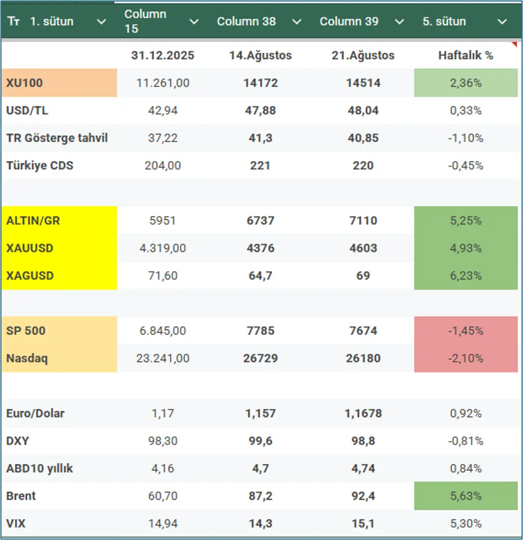 17-21 Ağustos 2026 haftasında BIST 100, gram altın, ons altın, gümüş, dolar endeksi ve piyasa performansları