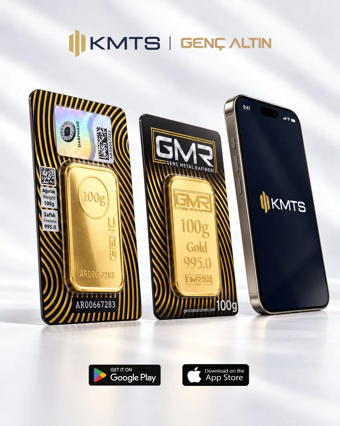 KMTS etiketli GMR 100 gram külçe altın ve KMTS mobil uygulaması